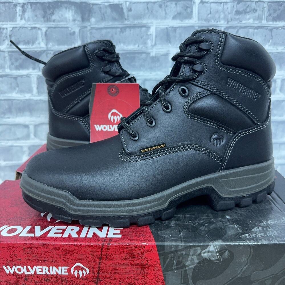 Wolverine Work Boots Black Waterproof Leather Lace Up W08141 Mens Size 7.5 EW